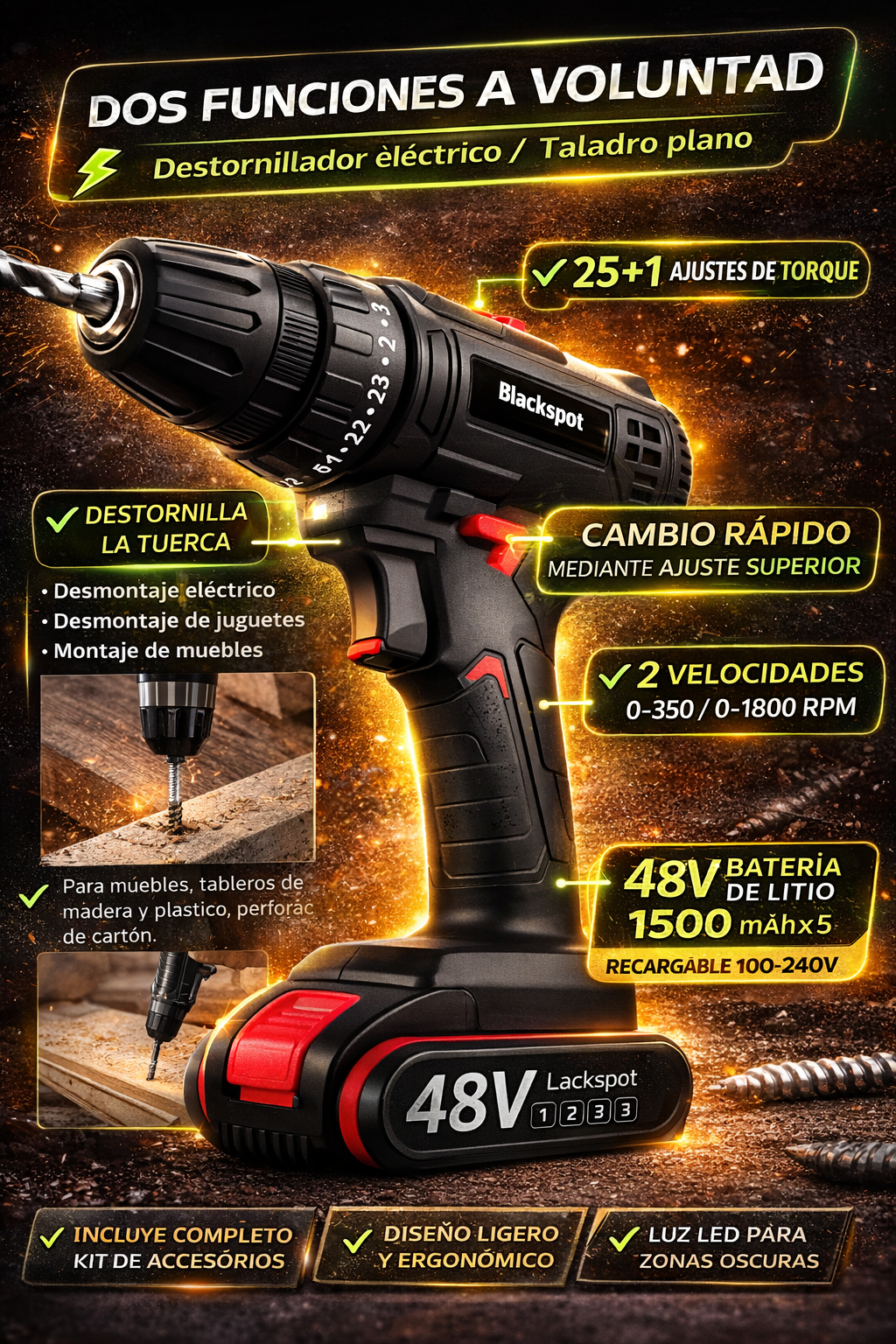 Kit combinado de taladro eléctrico inalámbrico